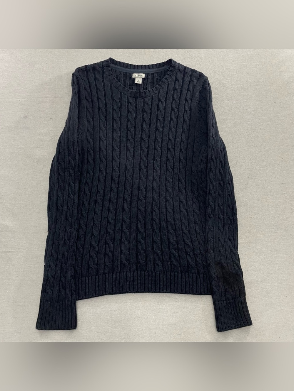 LL Bean Womens M Black Cable Knit Sweater 100% Cotton Crew Neck Pullover 258841